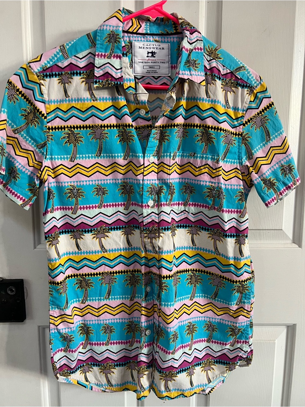 Cactus menswear Turquoise Palm Stripe Short Sleeve Button-Down Shirt
